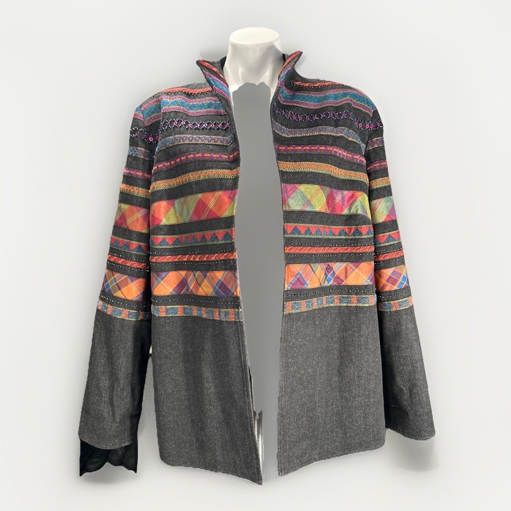 Coldwater Creek 20W Denim Quilted & Beaded Open‎ Front Jacket Blazer